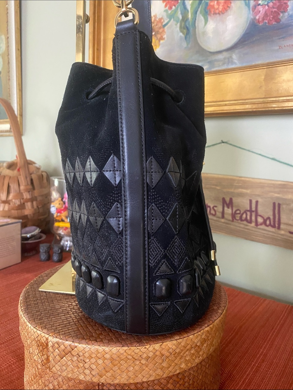 Lauren Ralph Lauren Fair Isle Black Suede Andie Drawstring Bucket Bag - Picture 4 of 16